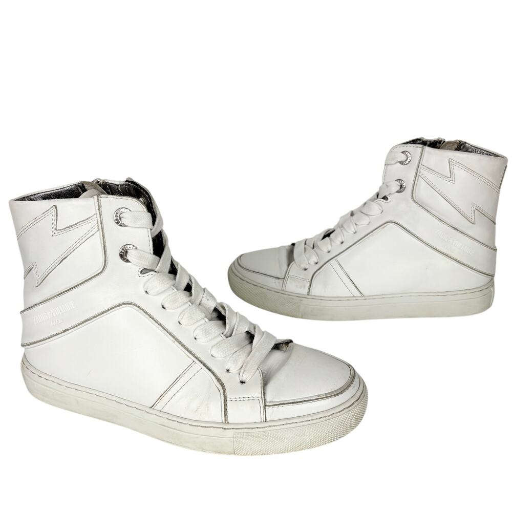 Zadig & Voltaire High Top Flash Sneaker White Lightning Lace Up Leather Size 36